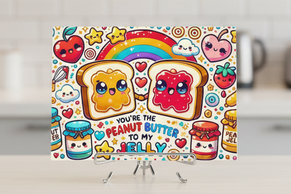 Colorful illustration of peanut butter and jelly on a stand with cartoon characters and text.