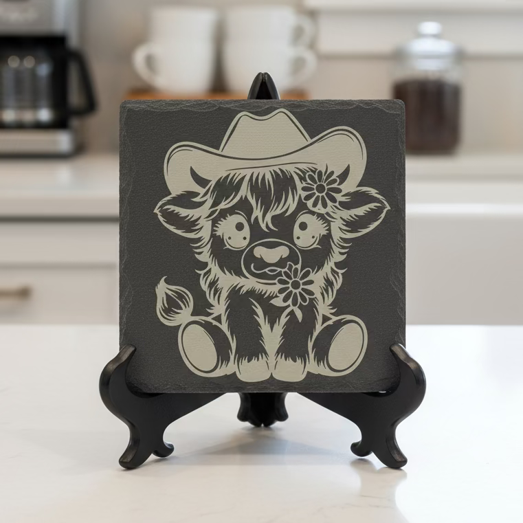 Slate coaster with a printed design of a cow wearing a cowboy hat on a white background