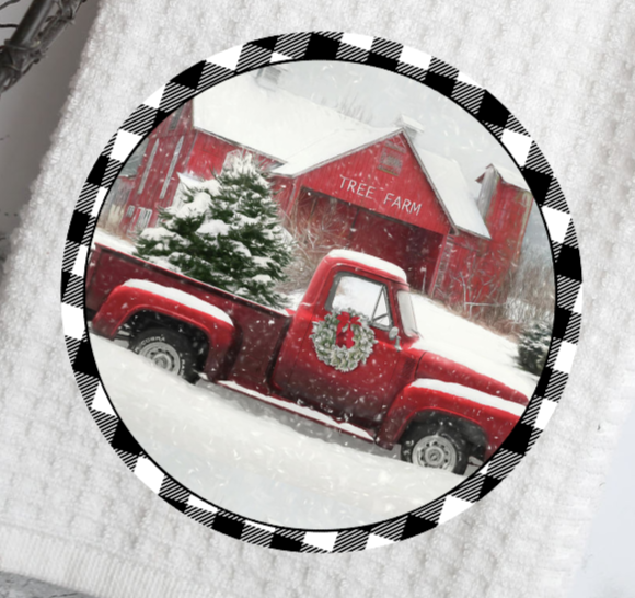 Red Truck Tree Farm Buffalo Plaid Waffle towel