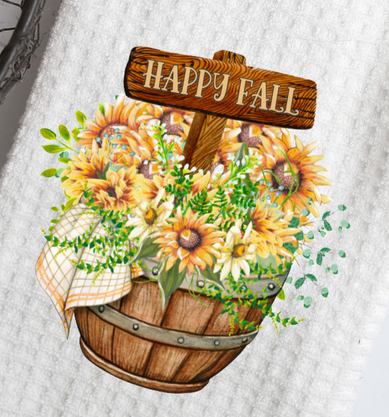 Happy Fall Flower Basket Waffle Towel