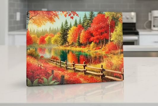 Glass cutting board with autumn design in a kitchen setting