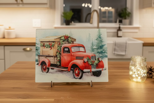 Vintage red truck with Christmas decorations on a snowy background
