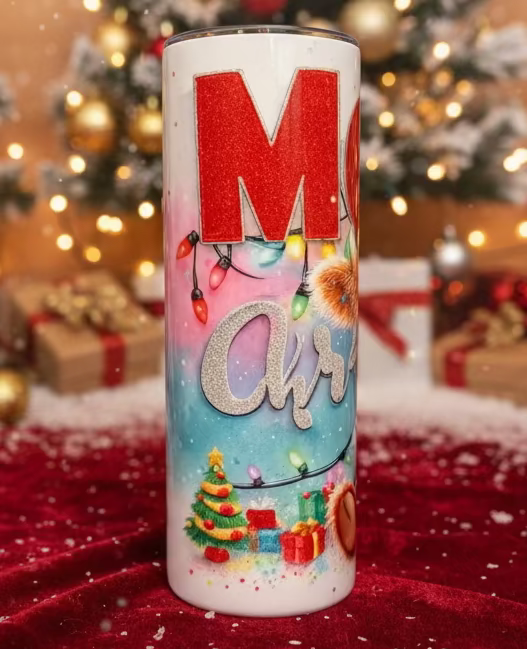 Tumbler with Christmas-themed design and 'Merry Christmas' text on a white background.