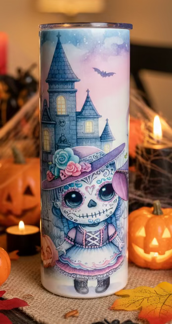 Tumbler with a decorative design featuring a skeleton in a dress and hat, with a castle and moon in the background.