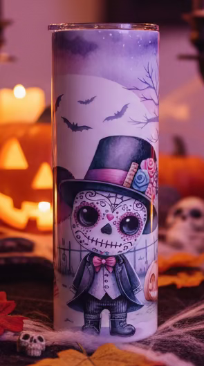 Tumbler with a decorative design of a skeleton in a top hat and coat 
