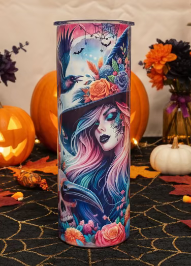 Colorful tumbler with a design of a witch with colorful hair and flowers and bird