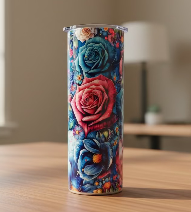 Tumbler with colorful floral design on a black surface and light gray background