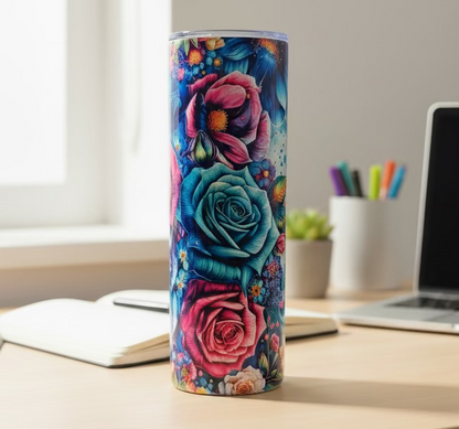 Tumbler with floral design on a black surface and white background