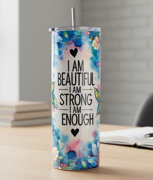 Tumbler with motivational quote and floral design on a white background