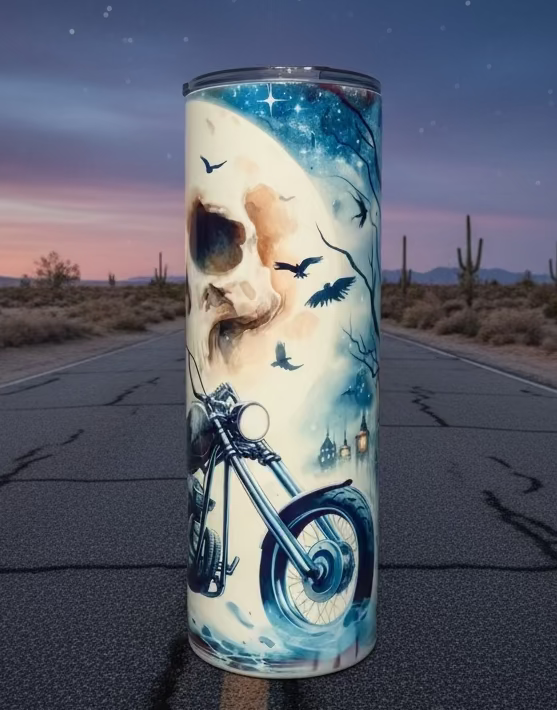 Skeleton on Motorcycle Sublimated Tumbler