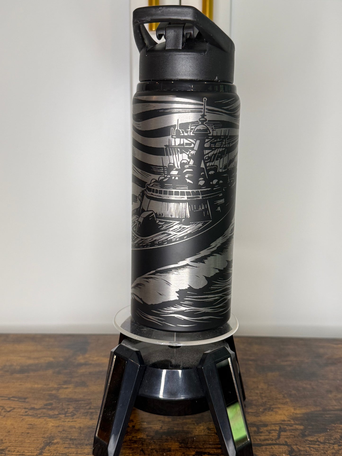 20 oz laser etched flag/ ship water bottle