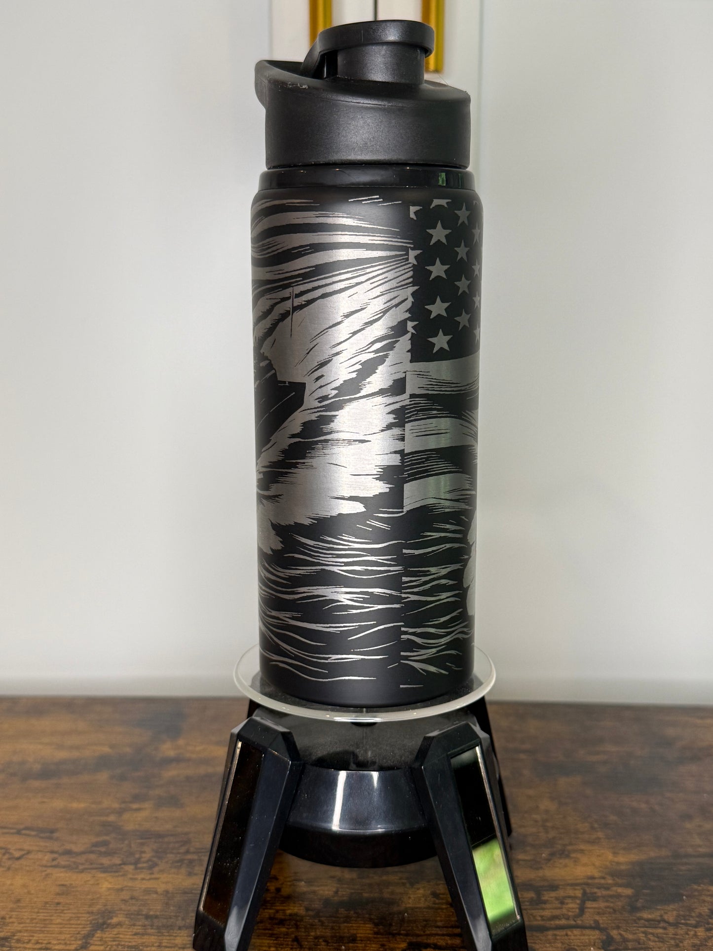20 oz laser etched flag/ ship water bottle