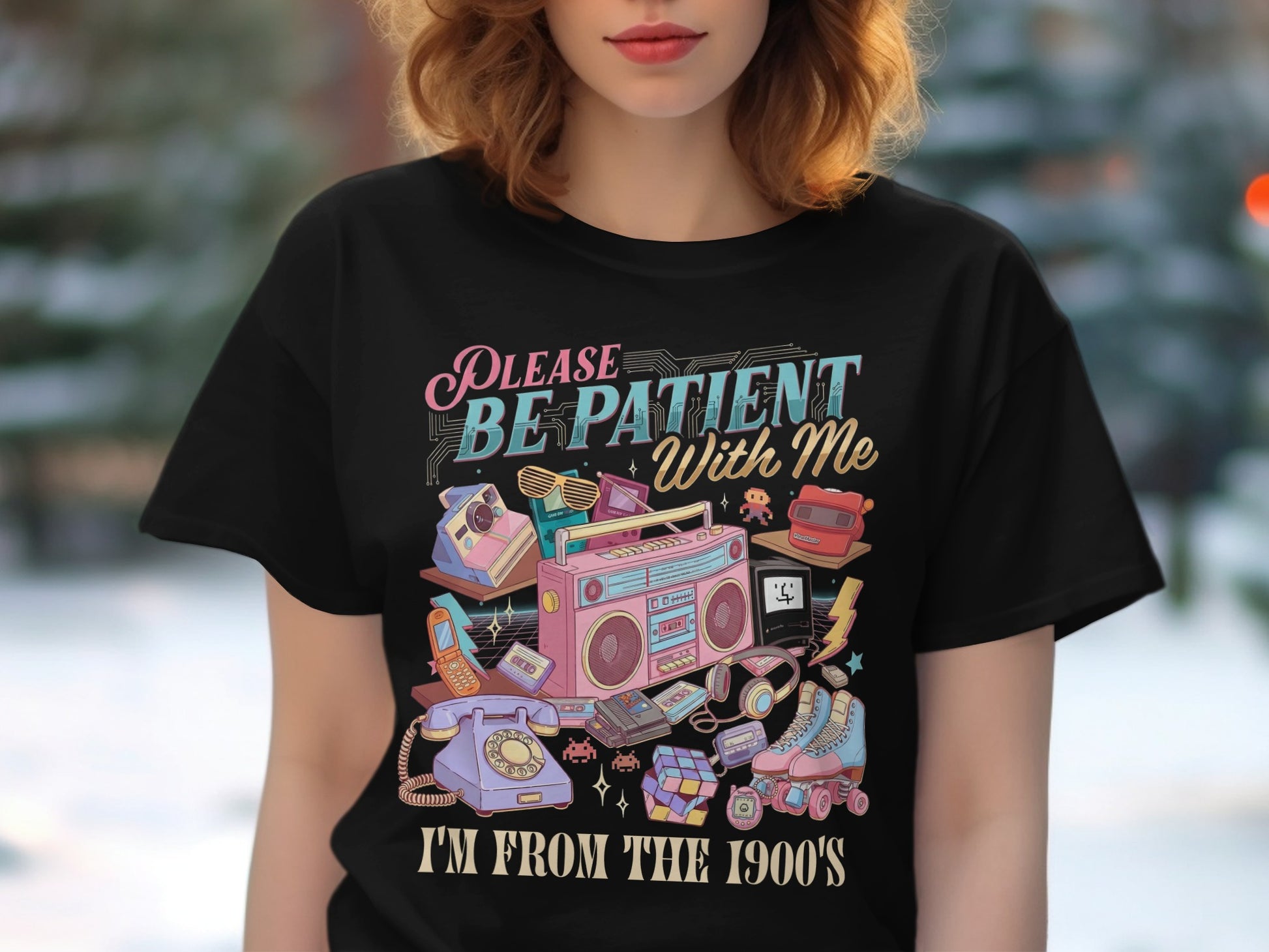 Black t-shirt with "Please Be Patient With Me" and 1980s retro items.