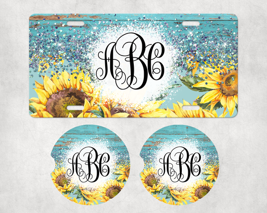 Sunflower / Half Glitter License Plate Car Coaster Set