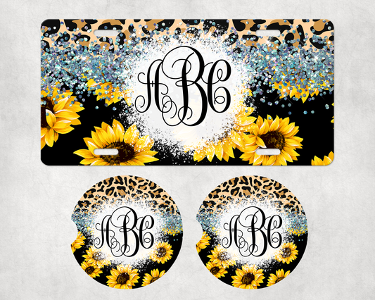Sunflower Leopard / Half Glitter License Plate Car Coaster Set