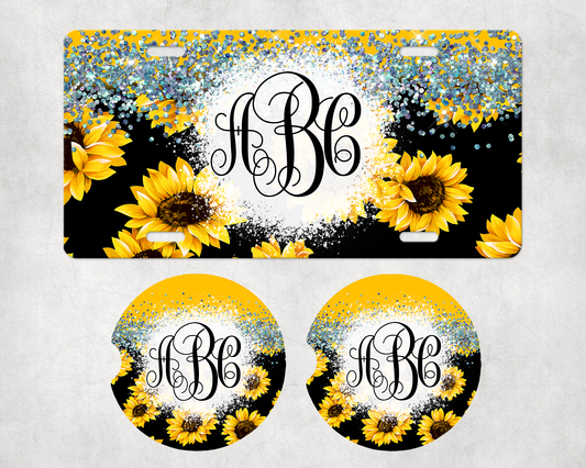 Sunflower Black / Half Glitter License Plate Car Coaster Set