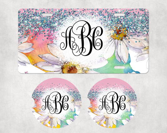Water Color Daisy / Half Glitter License Plate Car Coaster Set