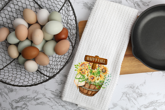 Happy Fall Flower Basket Waffle Towel